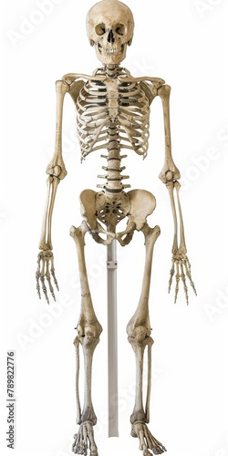   A skeleton atop a metal pole, arms and legs outstretched, head tilted to the side photo