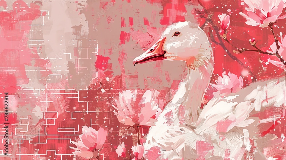 Naklejka premium A painting of a white swan against a pink backdrop Flowers, half pink and half white, adorn the left side of the image
