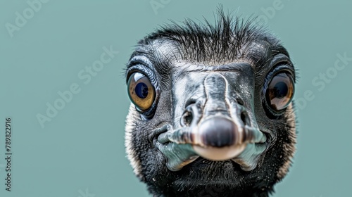  A tight shot of an ostrich's face against a backdrop of a blue sky