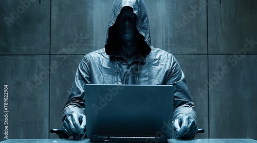   A man, dressed in a hooded jacket, sits at a table, focusing on a laptop He holds a knife, its edge visible, but no threat is implied photo