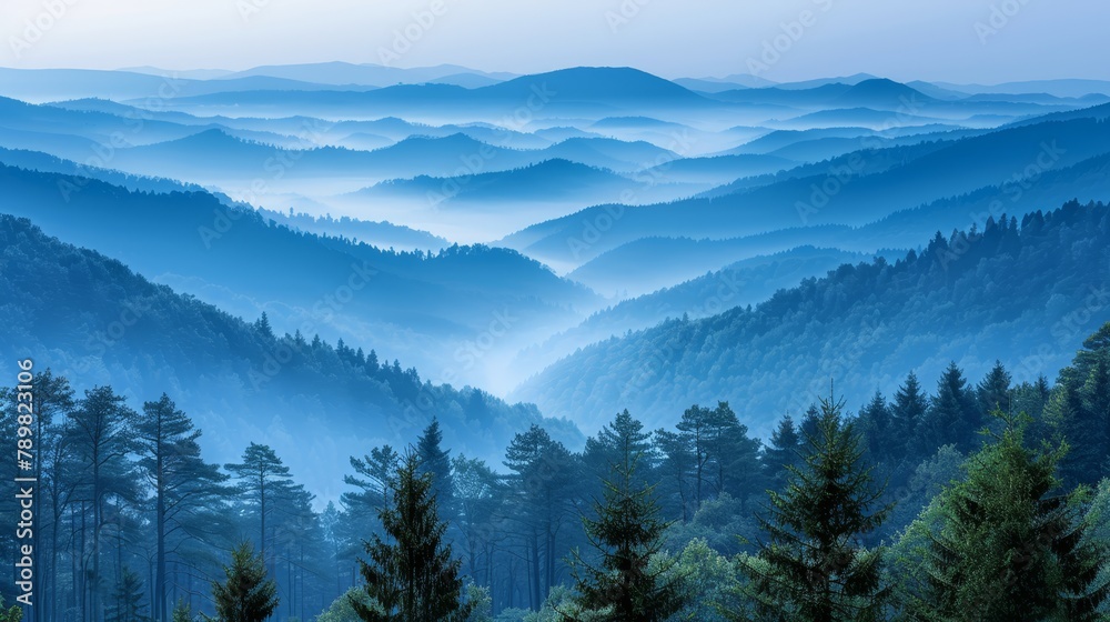   A mountain range with trees in the foreground and a foggy background sky