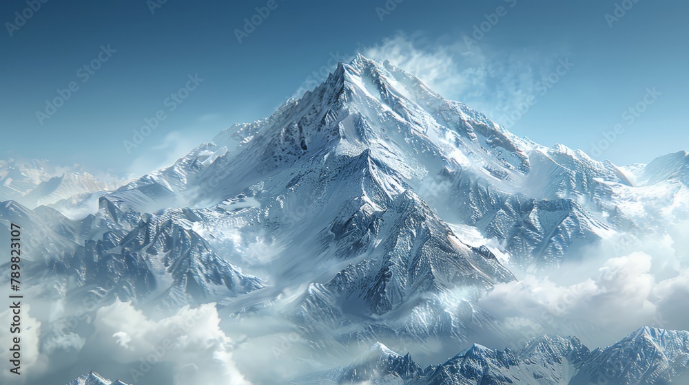 A cloud-surrounded mountain peak dominates the sky's vista, its summit prominent in the foreground A cloud-surrounded mountain peak dominates the sky's vista, its summit prominent in the foreground