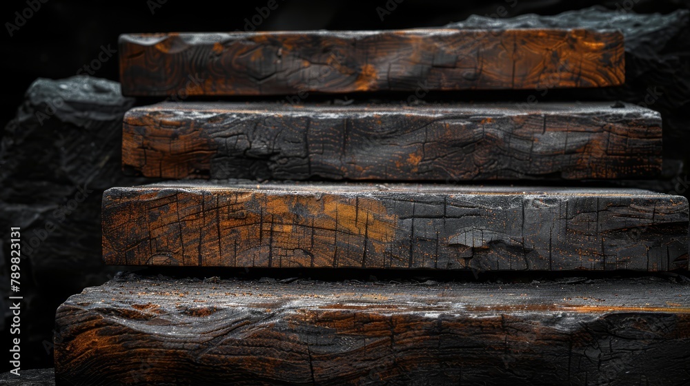   Two piles of wood atop black rock bases, side by side