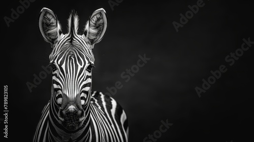   A black-and-white image of a zebra gazing at the camera with its head slightly turned
