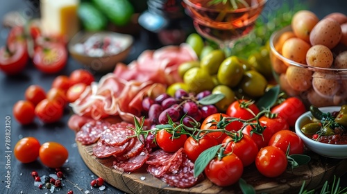  A platter of meat, tomatoes, olives, and various fruits and vegetables