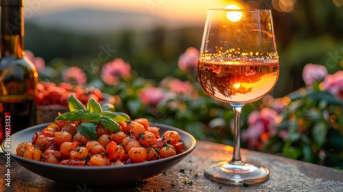  A table is set with a bowl of food and a glass of wine Behind are flowers and a full bottle of wine