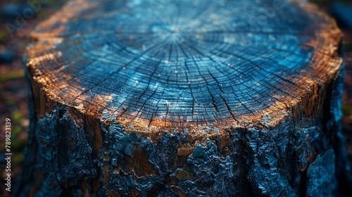  A tight shot of a tree stump, bearing the scars of being felled, sports a bluish hue atop