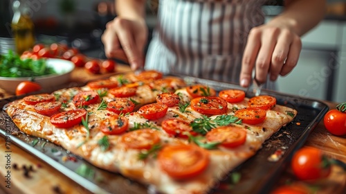  A tight shot of someone slicing pizza on a pan, adorned with tomatoes and herbs above