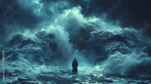   A man stands in the midst of a large body of water, encircled by ominous storm clouds looming heavily in the sky photo