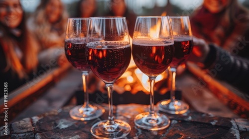   Three glasses of wine on a table before a fireplace A woman smiles in the background