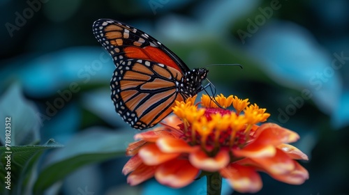  A tight shot of a butterfly atop a bloom, surrounded by leafy background, and a blue sky overhead