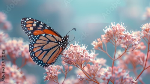  Close-up of a butterfly on a pink-flowered plant against a blue sky