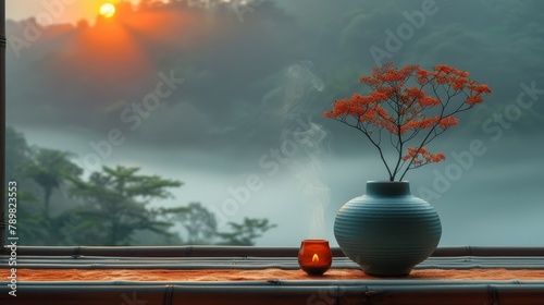  A vase atop a window sill, one empty, the other holding a planted vase