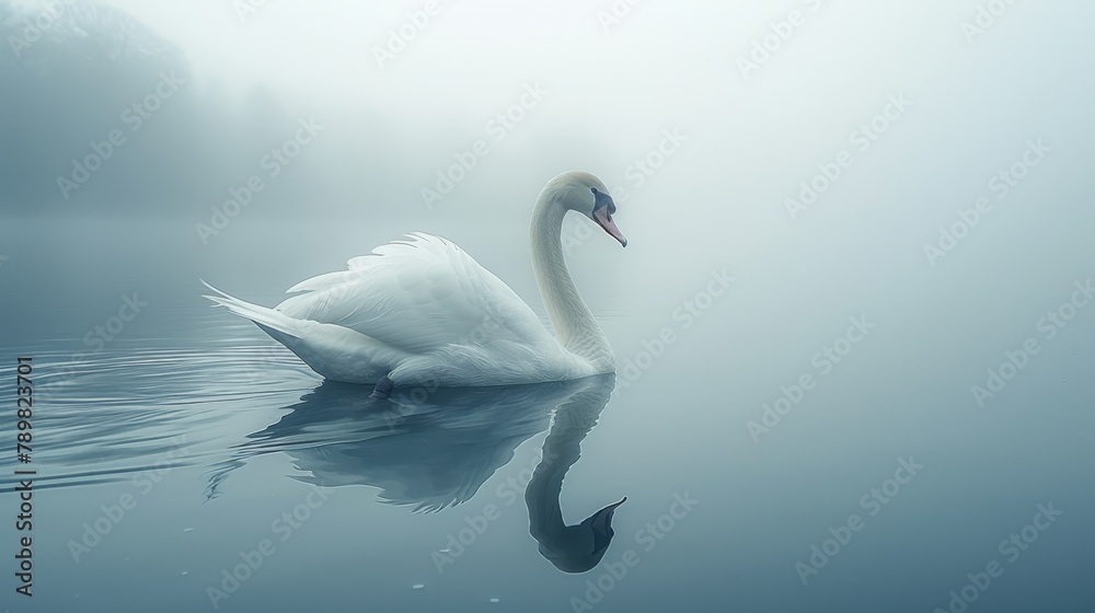 A white swan floats atop a fog-shrouded lake, its reflection distorted in the tranquil water Surrounded by trees, the scene is still and ser A white swan floats atop a fog-shrouded lake, its reflection distorted in the tranquil water Surrounded by trees, the scene is still and ser
