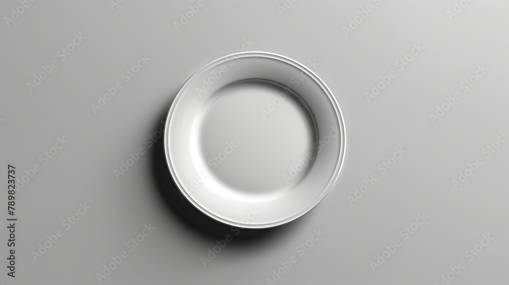 A white plate, closely framed, sits against a gray backdrop Its shadow is cast to the side A white plate, closely framed, sits against a gray backdrop Its shadow is cast to the side