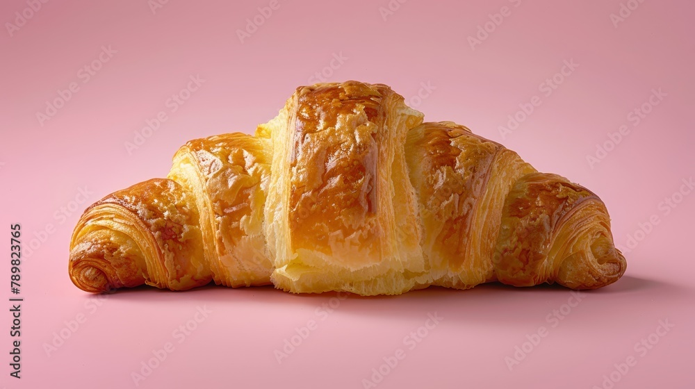   A croissant on rosy backdrop, biten - one..Or, for a more literal translation:..Croissant on pink background, taken bite from one
