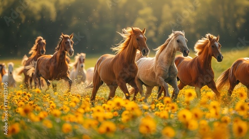  A herd of horses gallops through a sunflower field, surrounded by trees in the background