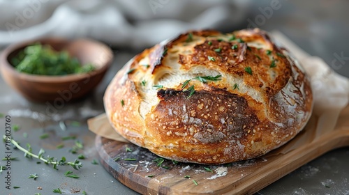  A loaf of bread atop a wooden cutting board Nearby, a bowl of green herbs and a wooden spoon