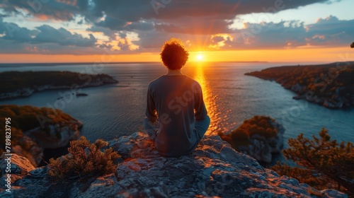  A man atop a cliff gazes out as the sun sets over distant water