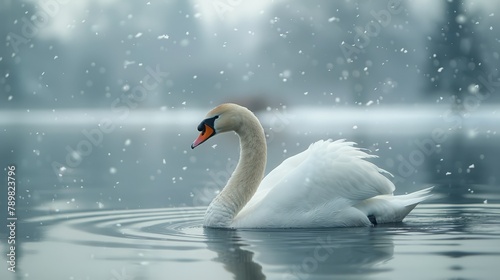 A white swan floats atop a rain-dotted lake, surrounded by a forest where snow gently falls