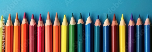 Multiple colored pencils neatly arranged in a row against a vibrant blue background.