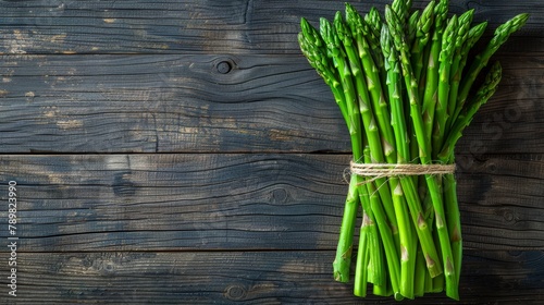   A bunch of green asparagus secured to a wooden stick with a length of twine