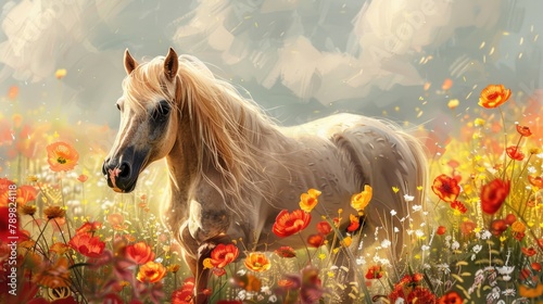 Majestic horse standing in field of flowers