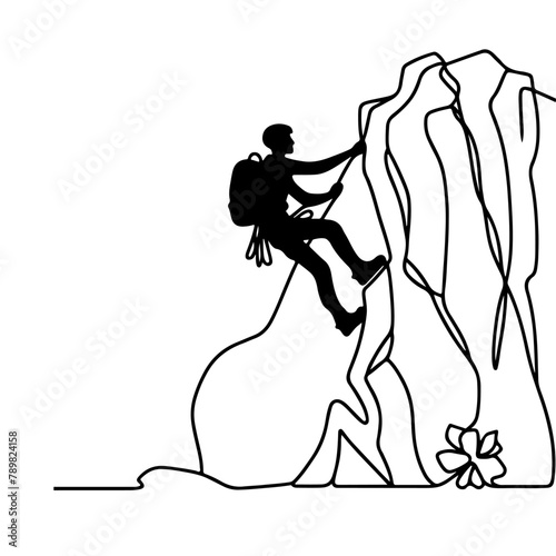 One continuous black line drawing of man rock Climbing a steep rocky cliff Doodle linear drawing cartoon on white background. vector
