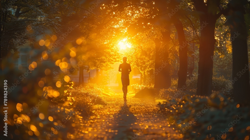 A runner traverses a forest path bathed in sunlight filtering through tree canopies A runner traverses a forest path bathed in sunlight filtering through tree canopies