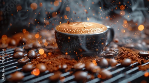   A cup of coffee sits atop the grill, nearby are coffee beans and a mound of them photo