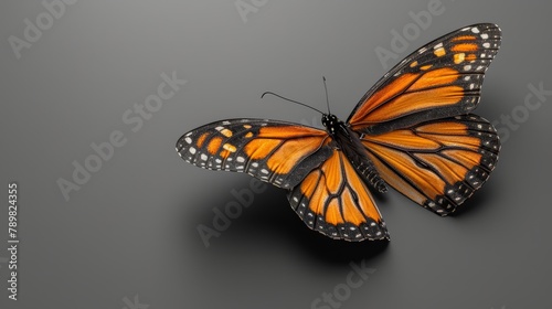   A close-up of a butterfly flying over a gray surface against a black background