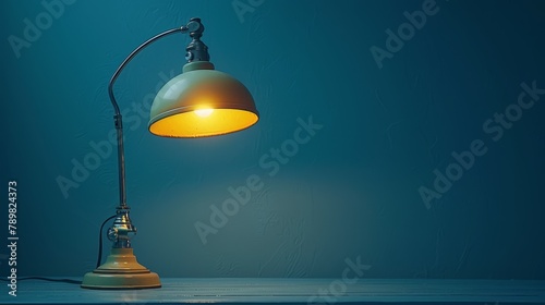   A desk lamp atop a table, adjacent to another lamp on a wooden table, near a blue wall photo