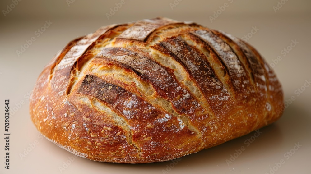   A tight shot of a loaf of bread against a white background, softly blurred top lighting