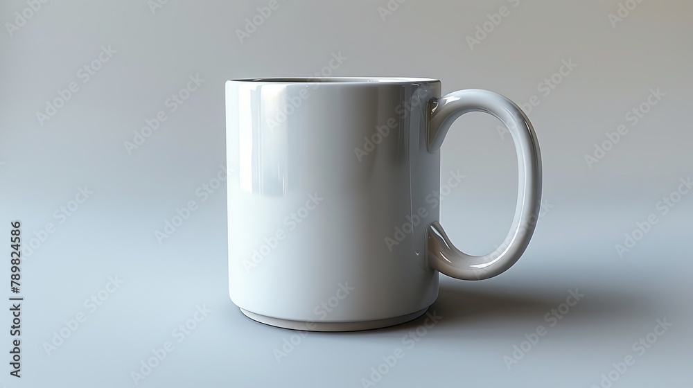 Close-up of a white coffee mug against gray backdrop, featuring a shadow of the mug to its right Close-up of a white coffee mug against gray backdrop, featuring a shadow of the mug to its right