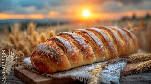  A loaf of bread atop a wooden cutting board, before a sunsetting wheat field and backdrop