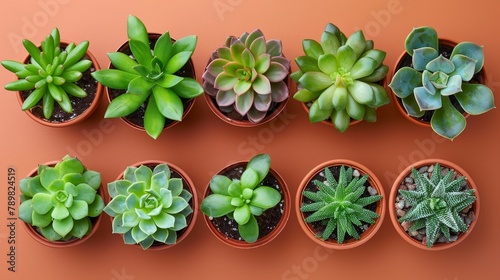  A row of succulents in various hues is positioned on a pink backdrop One green succulent is centrally located among them