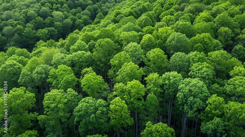   An aerial perspective of a forest with numerous trees in the foreground and tree tops in the background