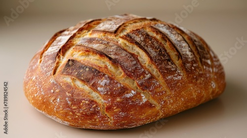  A tight shot of a loaf of bread against a white background, softly blurred top lighting