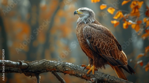  A bald eagle sits atop a tree branch against an autumnal backdrop of yellow-leafed trees