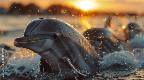  A tight shot of a dolphin in the water, surrounded by a body of water in the foreground Behind it, the sun sinks into the horizon, casting an orange glow over