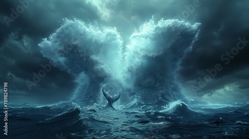  A person amidst a vast water expanse, facing a colossal incoming wave