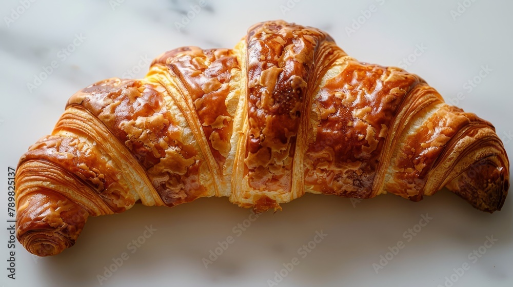 A croissant atop a white counter, beside halved bread A croissant atop a white counter, beside halved bread