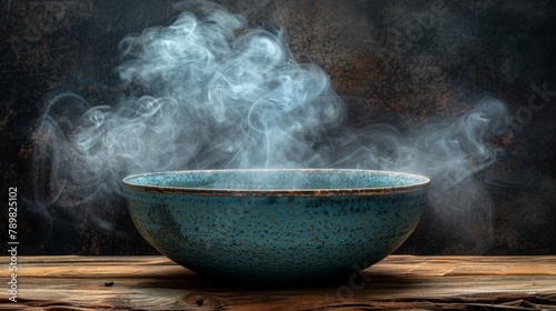  A blue bowl steams on a weathered table against a dark backdrop Smoke ascends from the bowl