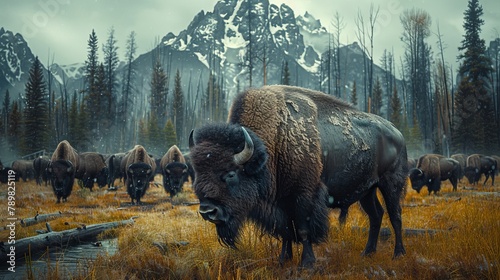   A herd of bison grazes on a grass-covered field adjacent to a forested mountain range, its peaks blanketed with snow photo