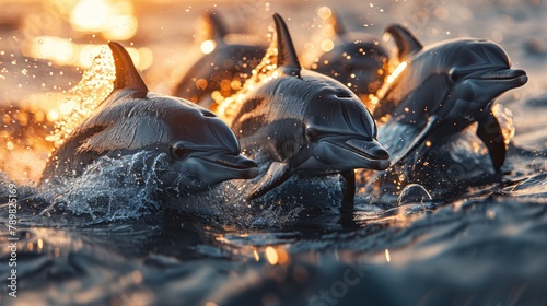   A group of dolphins swimming in the body of water, sun shining through, causing splashes © Jevjenijs