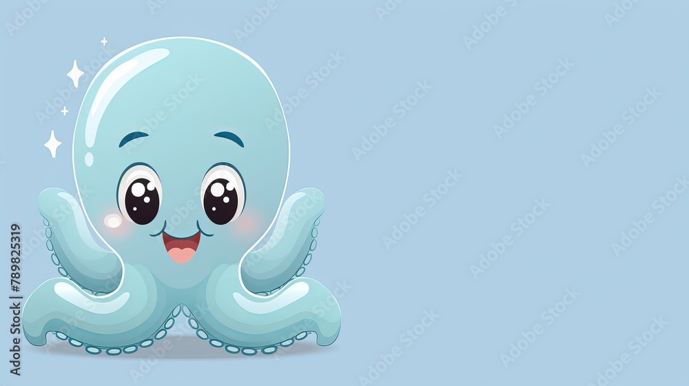 A smiling octopus with eyes, seated against a light blue backdrop A smiling octopus with eyes, seated against a light blue backdrop