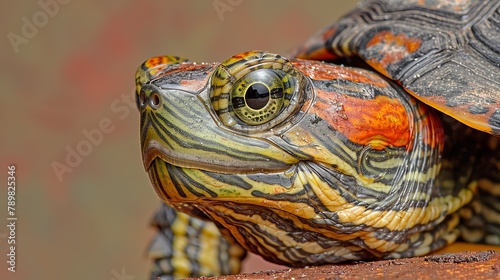   A tight shot of a turtle exhibiting an orange-and-black striped pattern on its face and neck, perched atop a rock © Jevjenijs