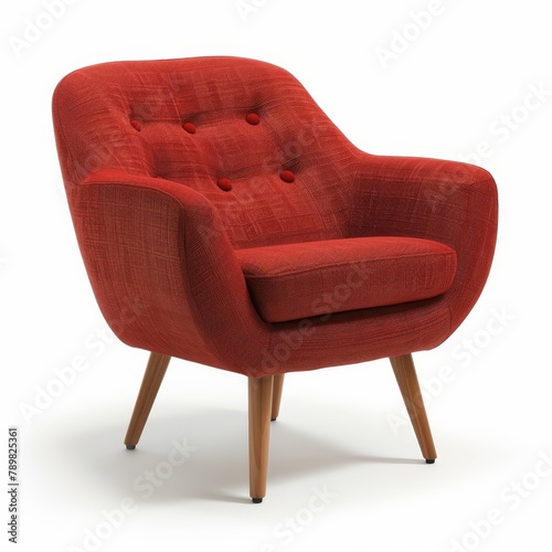   A red chair with wooden legs and buttoned armrests is isolated against a white background, its surface contrasting vividly photo