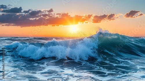   The sun sets over the ocean  a large wave in the foreground  a cloud in the sky