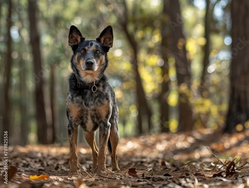  A black and brown dog stands amidst a forest, surrounded by fallen leaves and towering trees